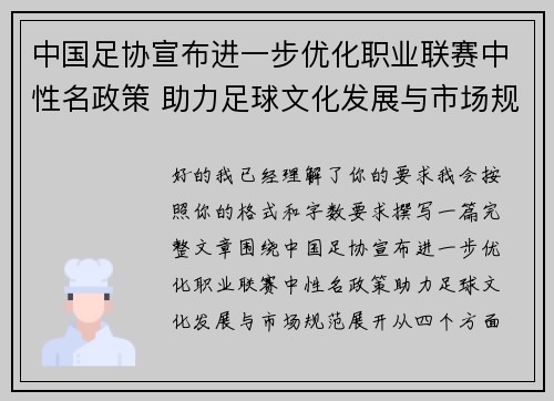 中国足协宣布进一步优化职业联赛中性名政策 助力足球文化发展与市场规范