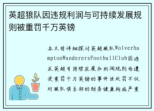 英超狼队因违规利润与可持续发展规则被重罚千万英镑