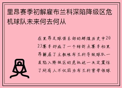 里昂赛季初解雇布兰科深陷降级区危机球队未来何去何从 里昂赛季初解雇布兰科深陷降级区危机球队未来何去何从
